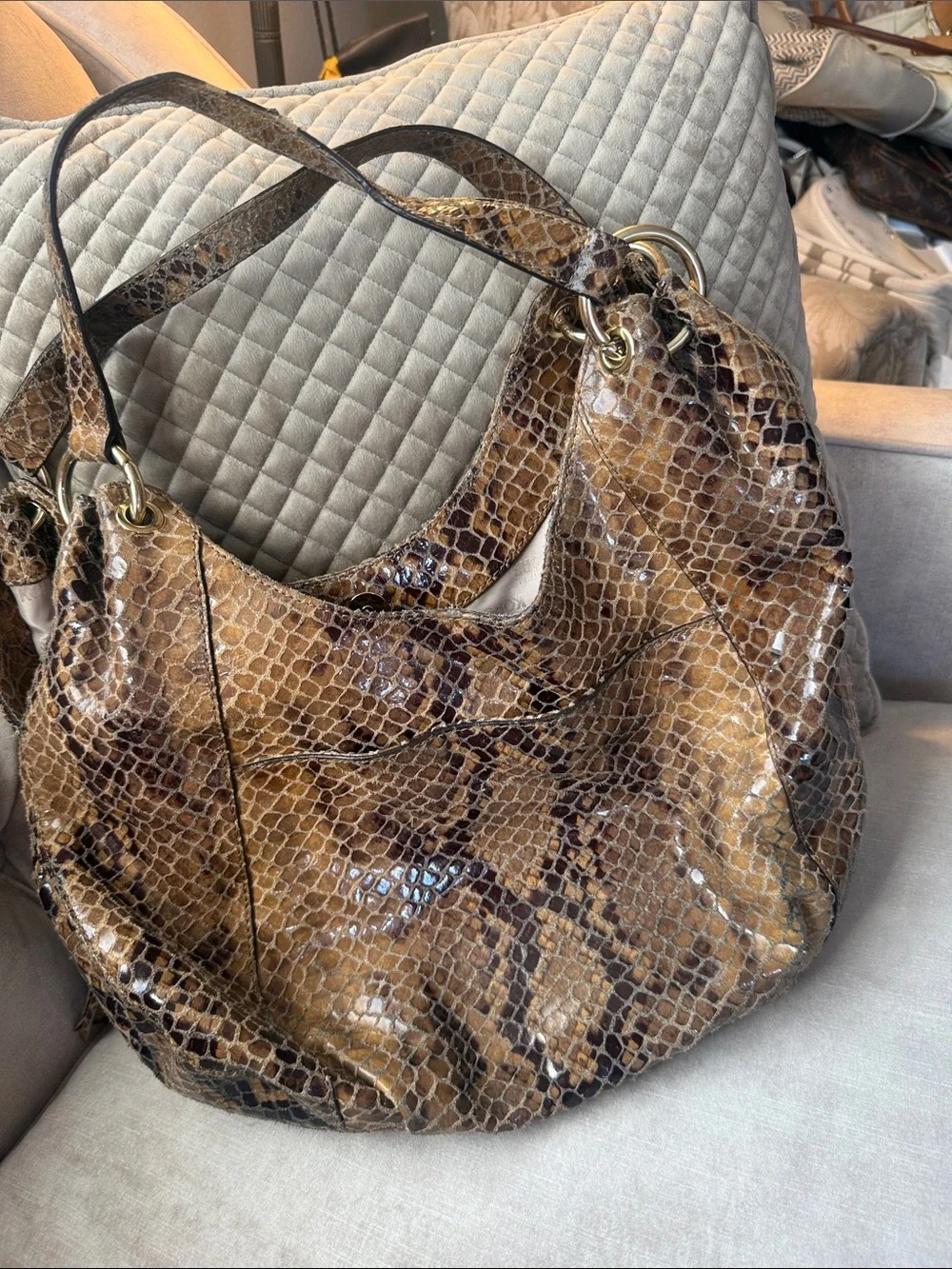 Michael Kors Brown and Tan Snake-Print Leather Hobo with Tassel Charm